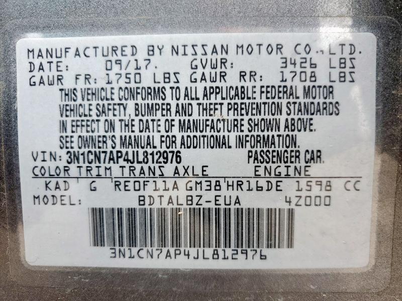 3N1CN7AP4JL812976 - 2018 NISSAN VERSA S GRAY photo 13