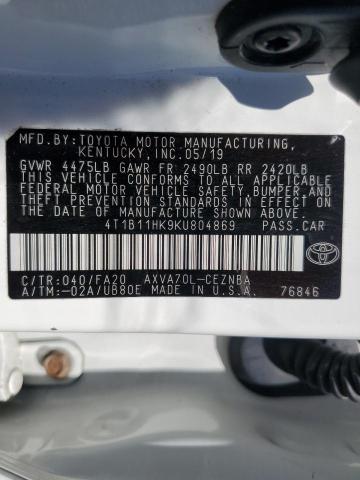 4T1B11HK9KU804869 - 2019 TOYOTA CAMRY L თეთრი ფოტო 13