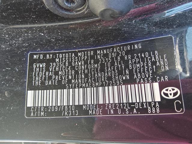 5YFEPMAE6MP172595 - 2021 TOYOTA COROLLA LE Negro foto 12