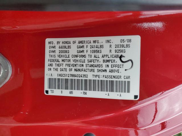 1HGCS12788A024352 - 2008 HONDA ACCORD EX RED photo 12