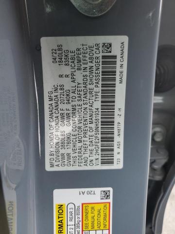 2HGFE2F59NH581934 - 2022 HONDA CIVIC SPORT 灰色 照片 12