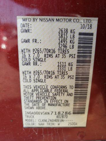 1N6AD0EV5KN718286 - 2019 NISSAN FRONTIER S RED photo 12