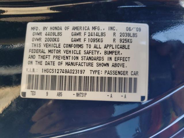 1HGCS12749A023197 - 2009 HONDA ACCORD EX BLACK photo 12