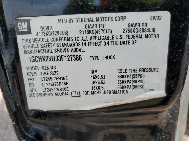 1GCHK23U03F127386 - 2003 CHEVROLET SILVERADO K2500 HEAVY DUTY BLACK photo 12