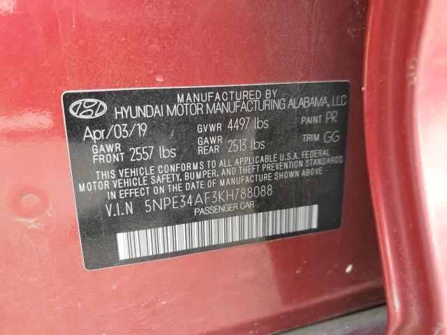 5NPE34AF3KH788088 - 2019 HYUNDAI SONATA LIMITED RED photo 12