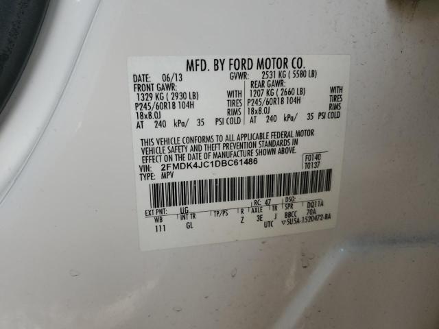 2FMDK4JC1DBC61486 - 2013 FORD EDGE SEL WHITE photo 13