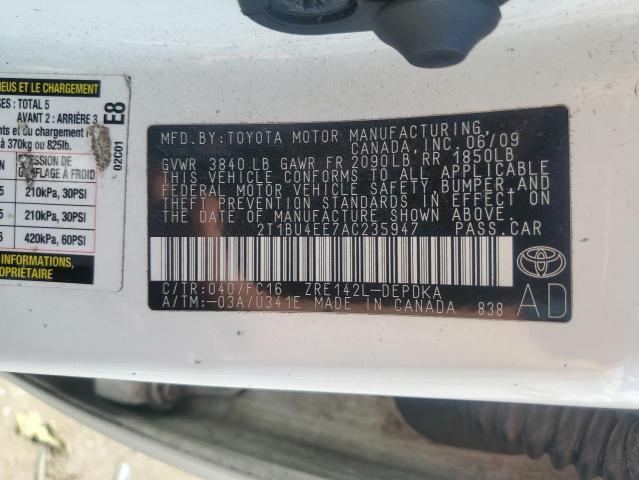 2T1BU4EE7AC235947 - 2010 TOYOTA COROLLA BASE 白色 照片 12