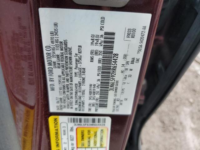 3LN6L5F92HR654428 - 2017 LINCOLN MKZ RESERVE ბურგუნდია ფოტო 12