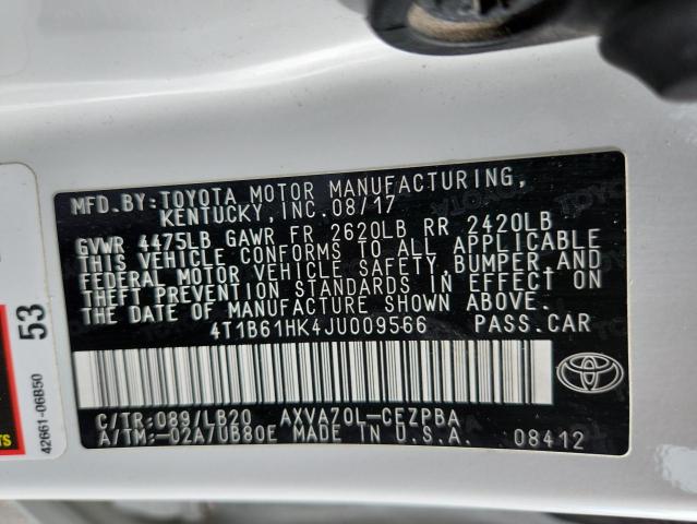4T1B61HK4JU009566 - 2018 TOYOTA CAMRY XSE 白色 照片 12