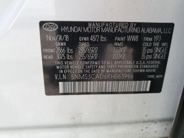 5NMS3CAD6KH063996 - 2019 HYUNDAI SANTA FE SEL WHITE photo 13