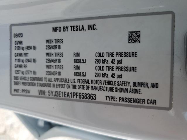 5YJ3E1EA1PF658363 - 2023 TESLA MODEL 3 WHITE photo 12