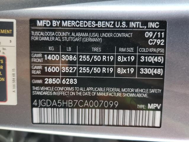 4JGDA5HB7CA007099 - 2012 MERCEDES-BENZ ML 350 4MATIC GRAY photo 12