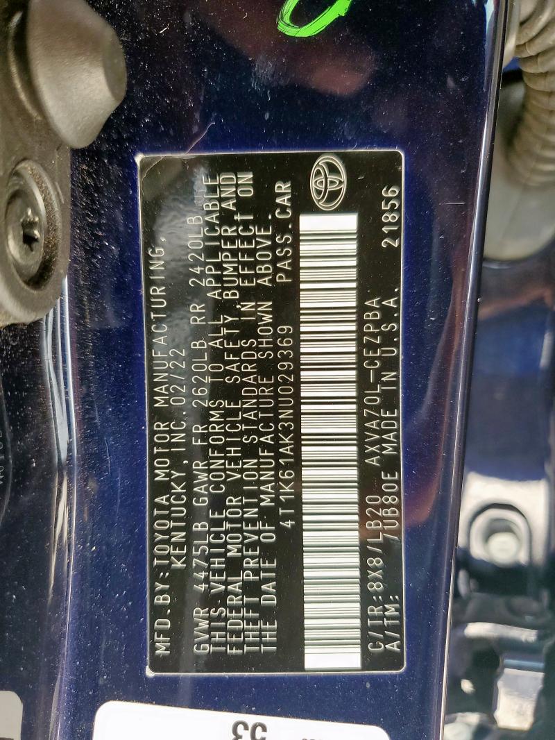 4T1K61AK3NU029369 - 2022 TOYOTA CAMRY XSE BLUE photo 12