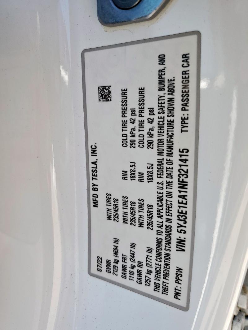 5YJ3E1EA1NF321415 - 2022 TESLA MODEL 3 WHITE photo 13