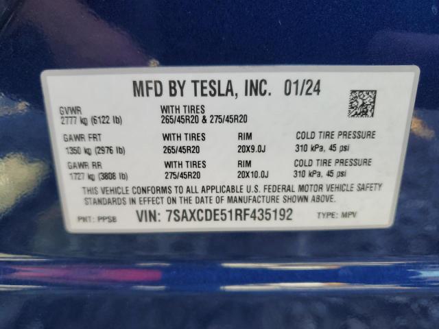 7SAXCDE51RF435192 - 2024 TESLA MODEL X BLUE photo 12