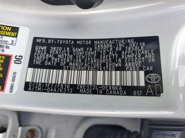 2T1BURHEXGC741760 - 2016 TOYOTA COROLLA L SILVER photo 12