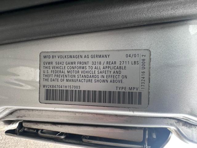 WV2KB47041H157003 - 2001 VOLKSWAGEN EUROVAN GLS SILVER photo 10