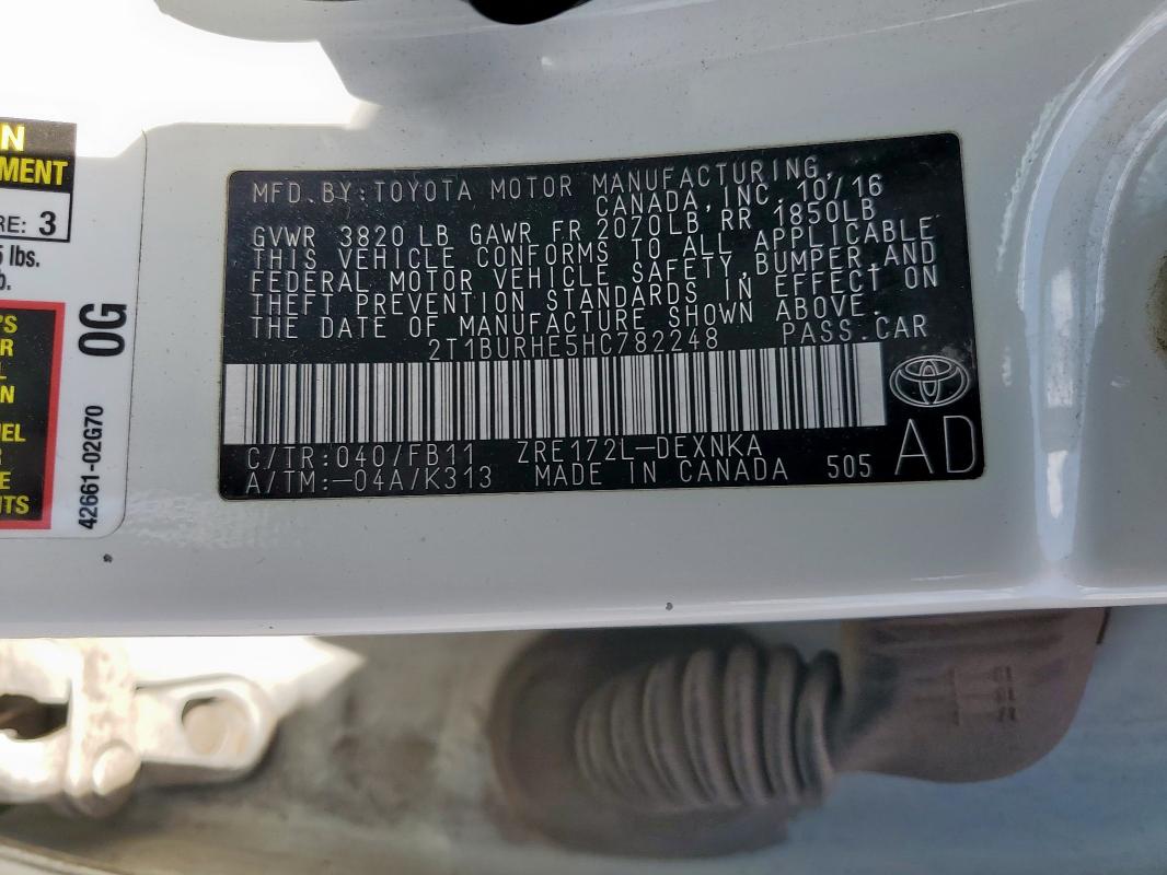 2T1BURHE5HC782248 - 2017 TOYOTA COROLLA L WHITE photo 12