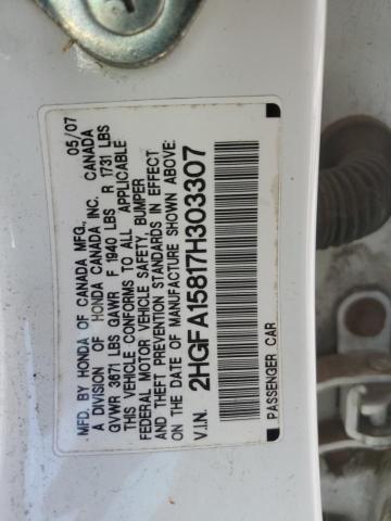 2HGFA15817H303307 - 2007 HONDA CIVIC EX WHITE photo 12