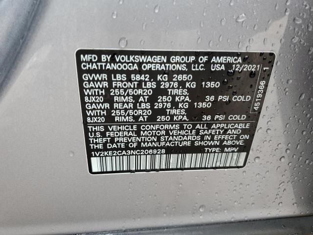 1V2KE2CA3NC206928 - 2022 VOLKSWAGEN ATLAS CROS SE Серебристый фото 13