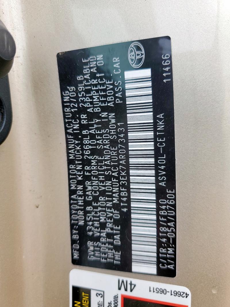 4T4BF3EK7AR073431 - 2010 TOYOTA CAMRY BASE BEIGE photo 12