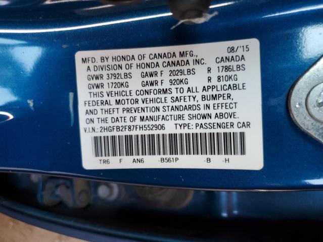 2HGFB2F87FH552906 - 2015 HONDA CIVIC EX BLUE photo 12