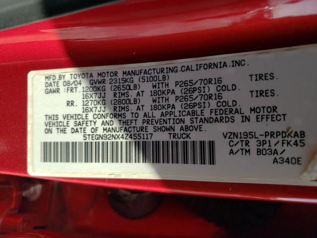 5TEGN92NX4Z455117 - 2004 TOYOTA TACOMA DOUBLE CAB PRERUNNER RED photo 12