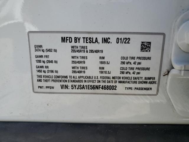 5YJSA1E56NF468002 - 2022 TESLA MODEL S Blanco foto 12