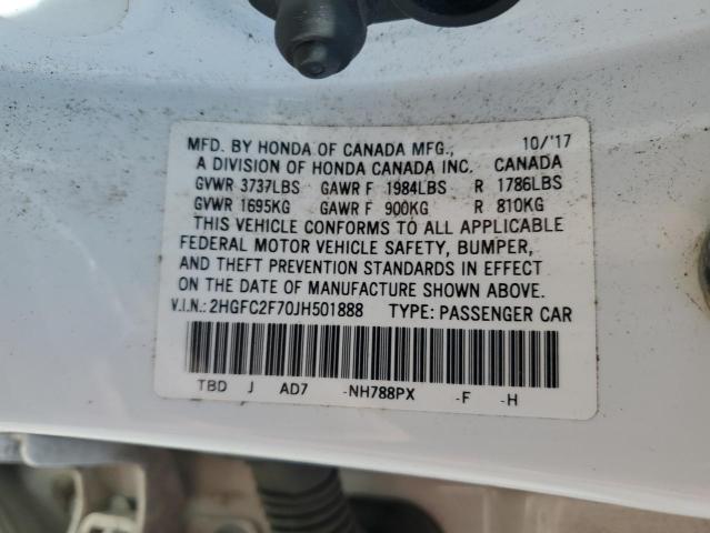 2HGFC2F70JH501888 - 2018 HONDA CIVIC EX WHITE photo 13