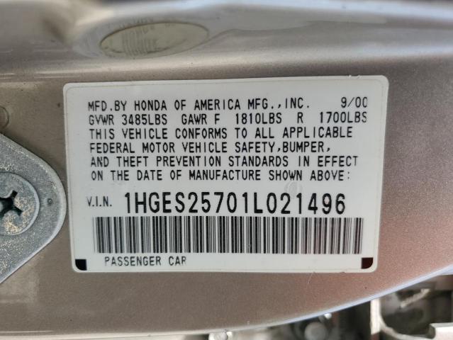 1HGES25701L021496 - 2001 HONDA CIVIC EX TAN photo 13