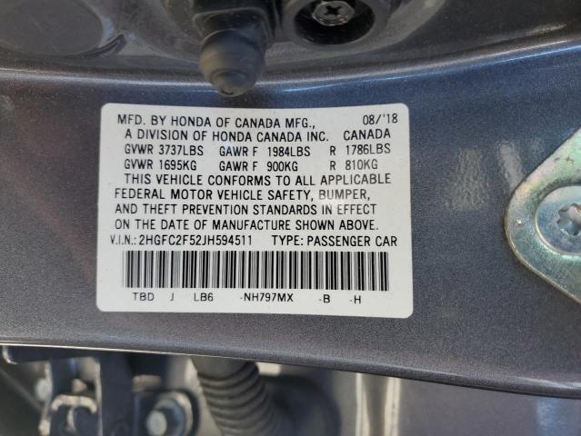 2HGFC2F52JH594511 - 2018 HONDA CIVIC LX GRAY photo 12