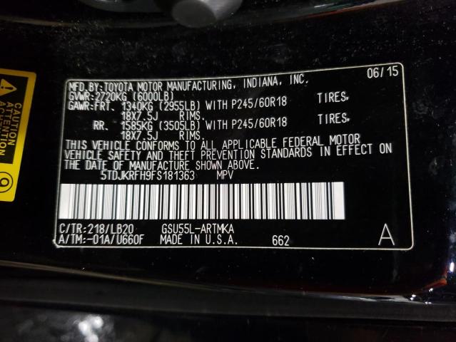 5TDJKRFH9FS181363 - 2015 TOYOTA HIGHLANDER XLE BLACK photo 14