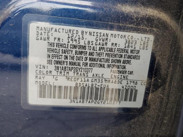 3N1AB7AP2GY210377 - 2016 NISSAN SENTRA S BLUE photo 12