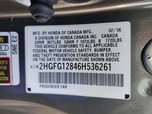 2HGFG12846H536261 - 2006 HONDA CIVIC EX GRAY photo 12