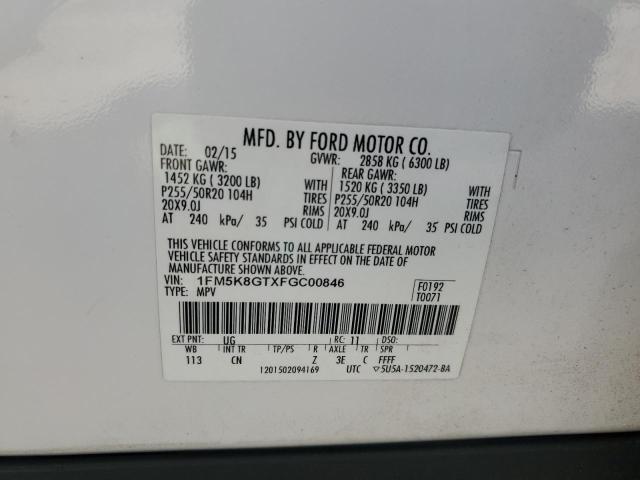 1FM5K8GTXFGC00846 - 2015 FORD EXPLORER SPORT WHITE photo 14