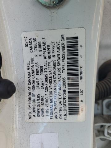 2HGFC2F70HH520905 - 2017 HONDA CIVIC EX 白色 照片 12