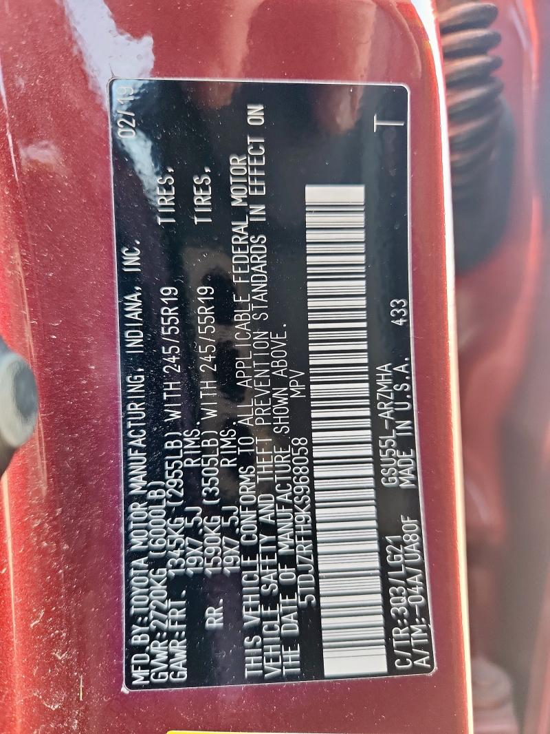 5TDJZRFH9KS968058 - 2019 TOYOTA HIGHLANDER SE წითელი ფოტო 14