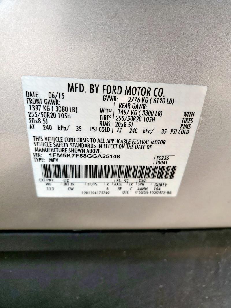 1FM5K7F88GGA25148 - 2016 FORD EXPLORER LIMITED SILVER photo 13