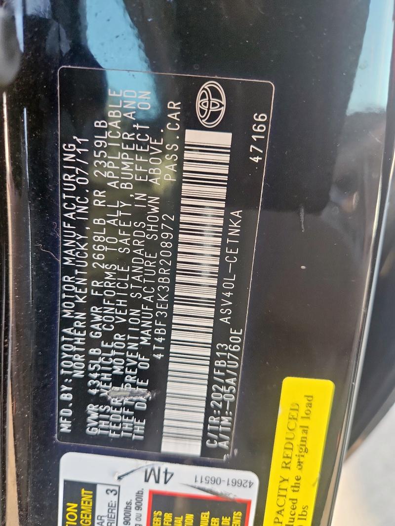 4T4BF3EK3BR208972 - 2011 TOYOTA CAMRY BASE 黑色 照片 13