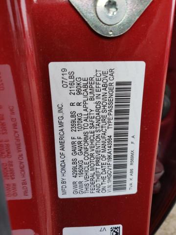 1HGCV1F19KA143564 - 2019 HONDA ACCORD LX RED photo 12