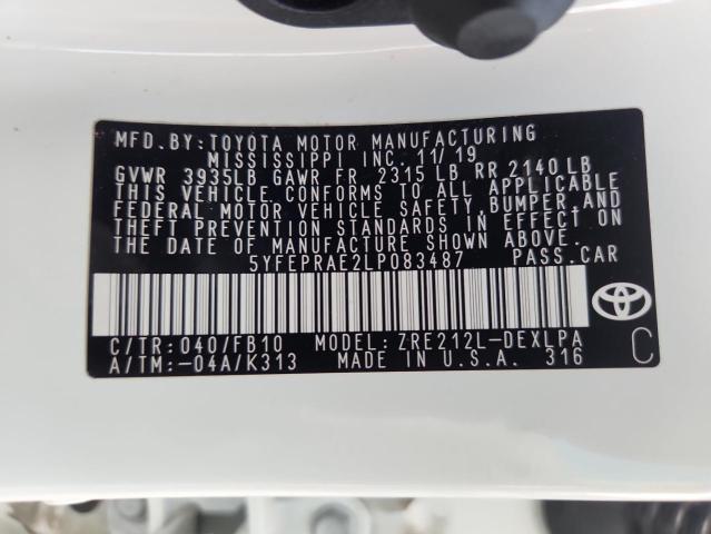 5YFEPRAE2LP083487 - 2020 TOYOTA COROLLA LE Սպիտակ լուսանկար 12