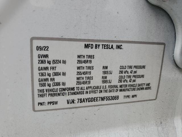 7SAYGDEE7NF553069 - 2022 TESLA MODEL Y Weiß Foto 13