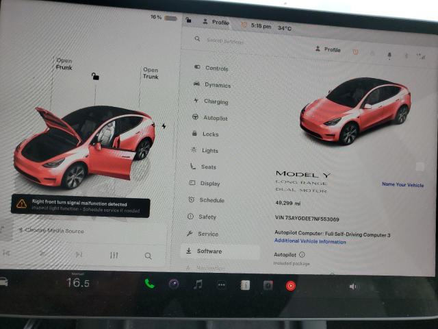 7SAYGDEE7NF553069 - 2022 TESLA MODEL Y Weiß Foto 9