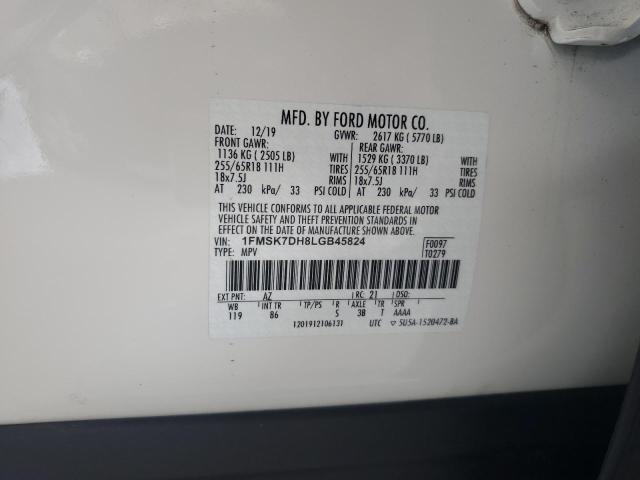 1FMSK7DH8LGB45824 - 2020 FORD EXPLORER XLT WHITE photo 12