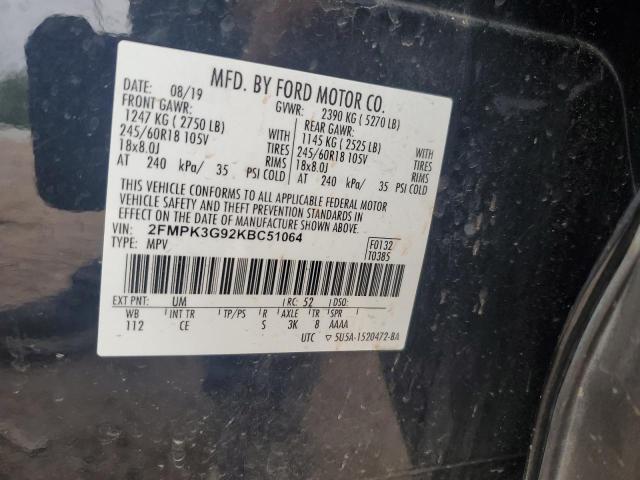 2FMPK3G92KBC51064 - 2019 FORD EDGE SE შავი ფოტო 13