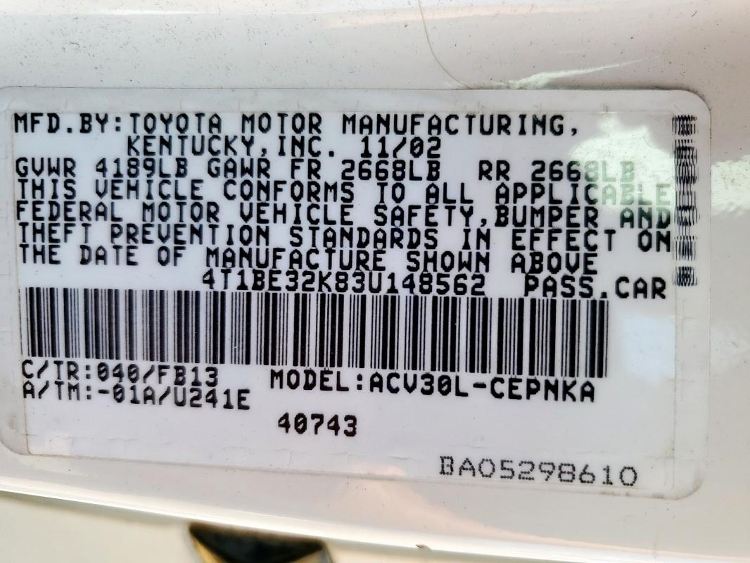 4T1BE32K83U148562 - 2003 TOYOTA CAMRY LE WHITE photo 12