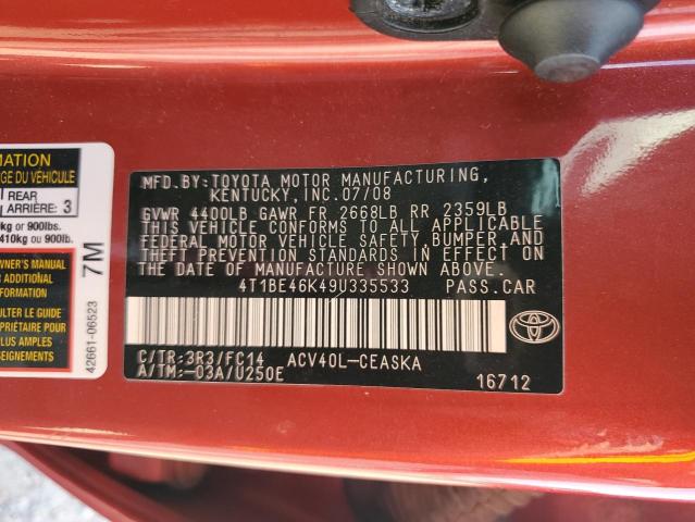 4T1BE46K49U335533 - 2009 TOYOTA CAMRY BASE BURGUNDY photo 12