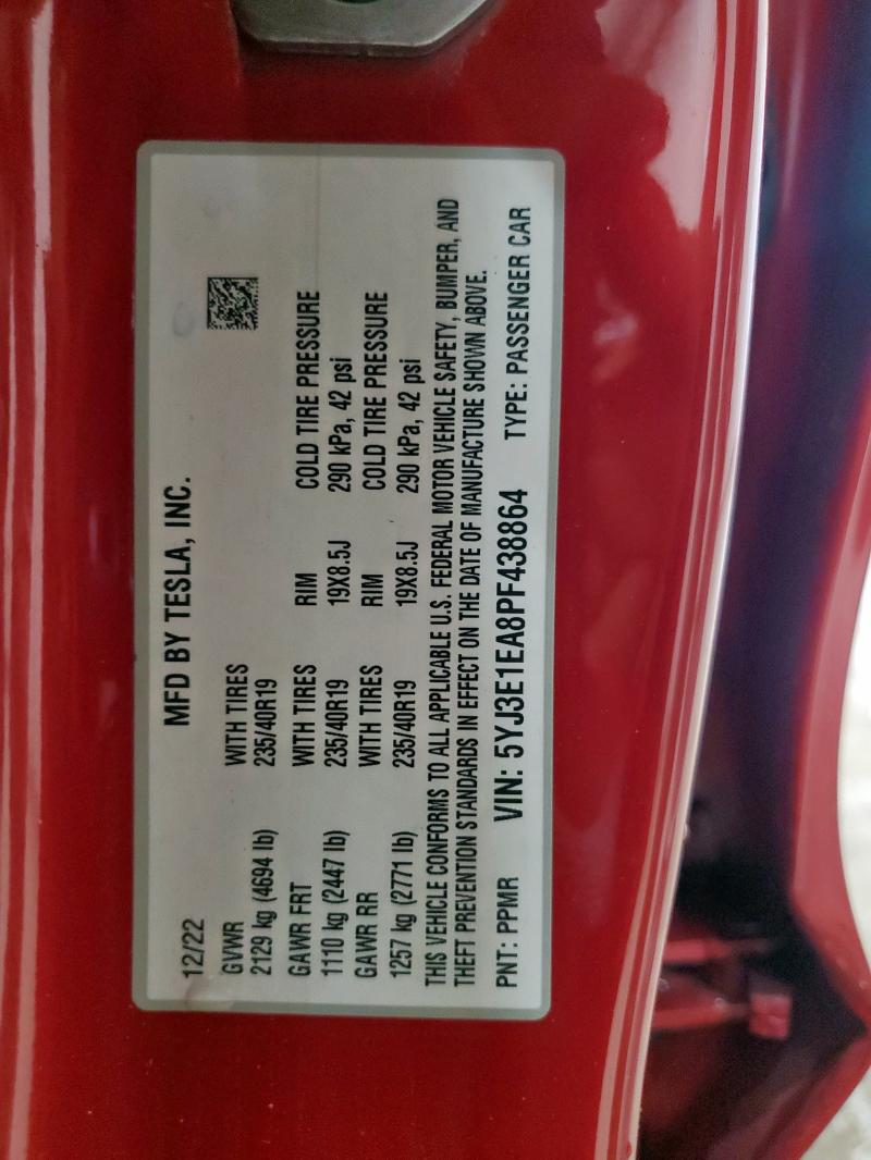 5YJ3E1EA8PF438864 - 2023 TESLA MODEL 3 RED photo 12