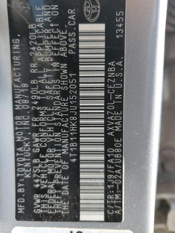 4T1B11HK8JU152051 - 2018 TOYOTA CAMRY L SILVER photo 12