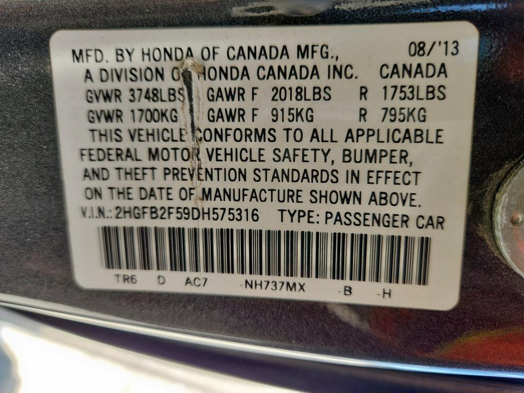 2HGFB2F59DH575316 - 2013 HONDA CIVIC LX GRAY photo 12